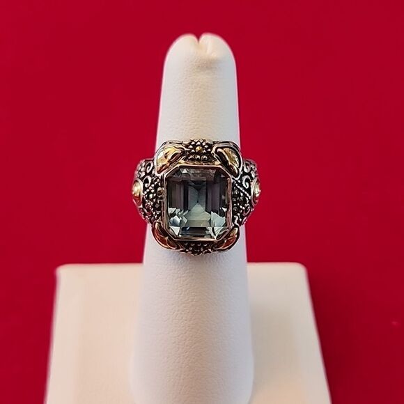 Signed I.L. 18K Gold and Sterling Silver Blue Topaz Marcasite Ring - Picture 1 of 2